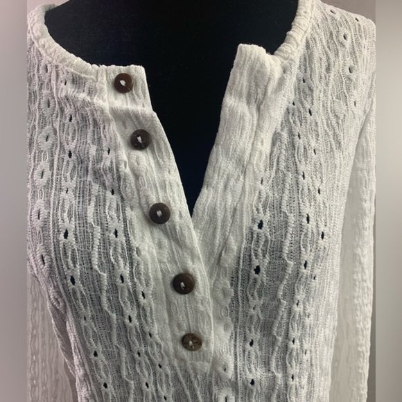 White Eyelet Embroidery Half Button Front Tee - Picture 6 of 7